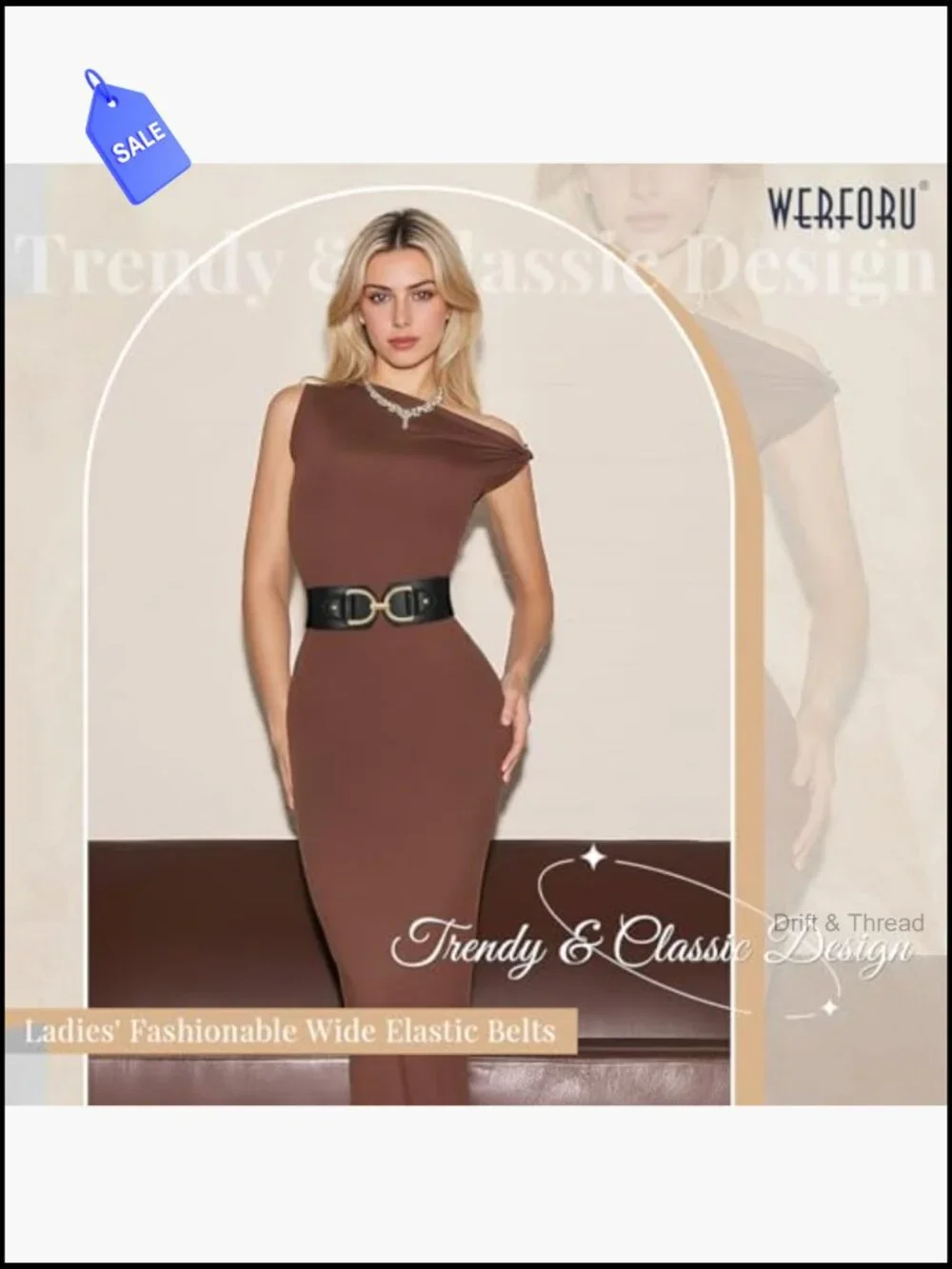Wide Elastic Belt with Large Gold Buckle Faux Leather Stretchy Thick Dress Belt